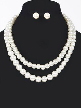Faux Pearl Double Layered Necklace W/earring